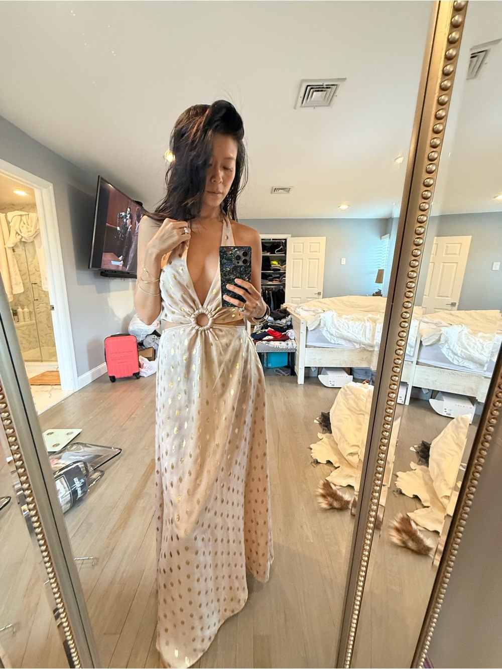 Lulu's Ivory Maxi Halter Dress with Gold Dot Ring Detail